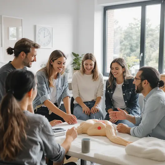 Học viên Y học cổ truyền chăm chú thực hành trong môi trường lớp học chuyên nghiệp.