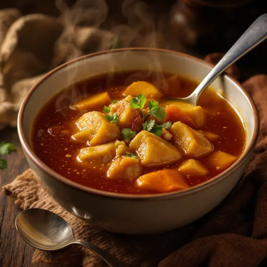 Thịt gà hầm mềm nhừ với nước dùng trong, thể hiện sự am hiểu trong chế biến ẩm thực dưỡng sinh