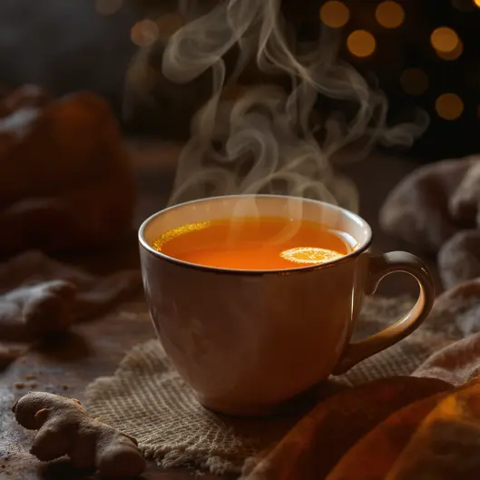 Người phụ nữ đang xoa bụng với chai dầu gừng hoặc ấm trà gừng khô, minh họa cách dùng gừng khô trị đau bụng.