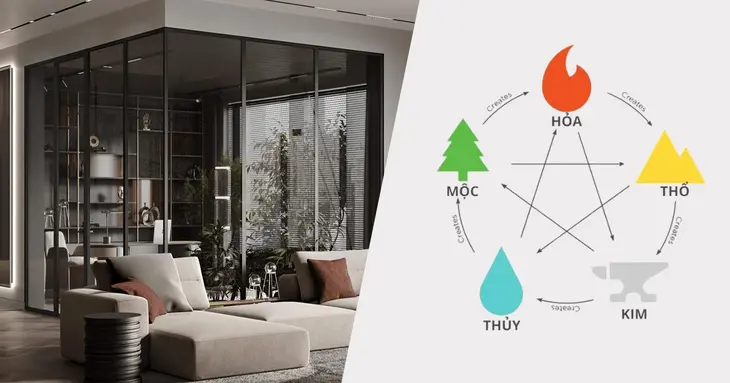 Sơ đồ tương sinh tương khắc của Ngũ hành ứng dụng vào màu sắc và chất liệu nội thất cho một căn phòng.