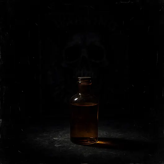 Bảng cảnh báo nguy hiểm hoặc hình ảnh minh họa tác hại của rượu không rõ nguồn gốc, nhấn mạnh rủi ro khi dùng rượu thuốc sai