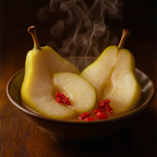 Một bàn tay nhẹ nhàng đặt quả lê vào nồi hấp, thể hiện việc chuẩn bị món ăn từ liệu pháp tự nhiên, lành mạnh