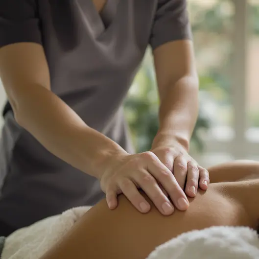 Người phụ nữ đang thực hành kỹ thuật day ấn huyệt thái dương để giảm đau đầu tại văn phòng.