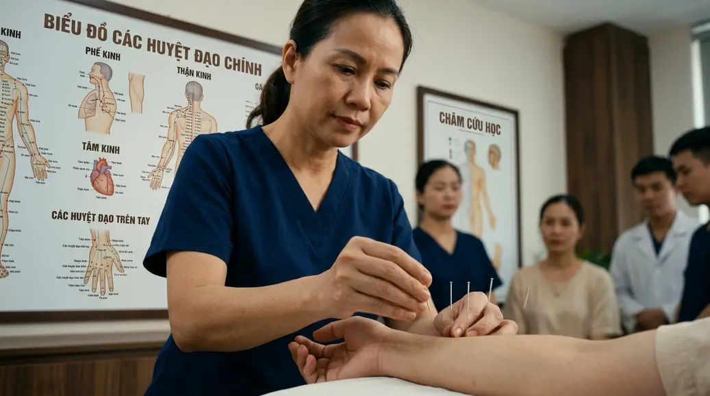 Sinh viên ngành Y học cổ truyền học huyệt vị và kỹ thuật châm cứu dưới sự hướng dẫn lâm sàng