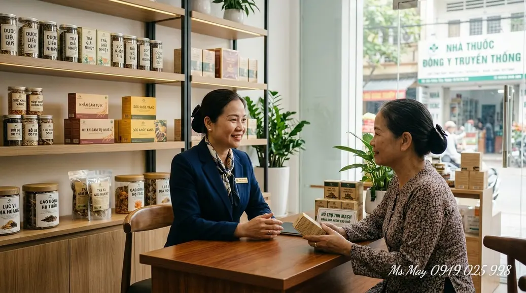 Tư vấn viên thảo dược đang giải thích cho khách hàng về công dụng và liều dùng an toàn