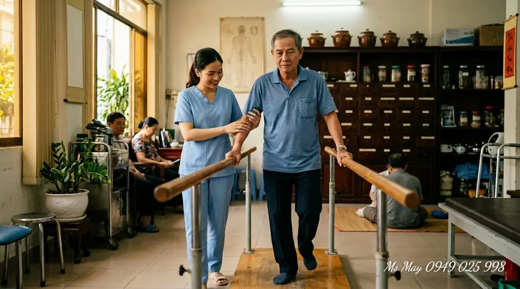 Bác sĩ Y học cổ truyền hướng dẫn bệnh nhân tập vận động trị liệu phục hồi chức năng
