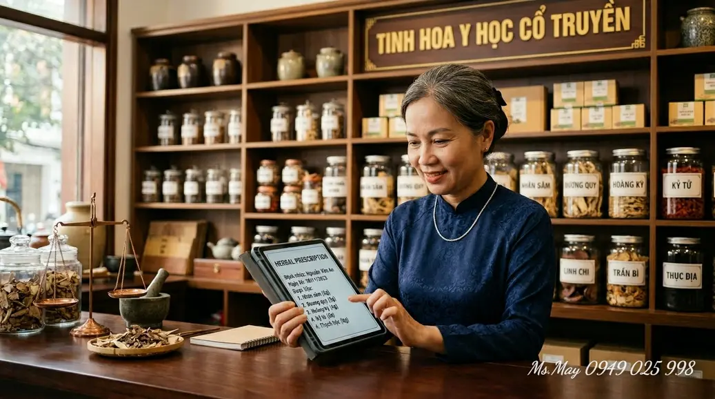 Chuyên gia tư vấn sức khỏe cộng đồng kiểm tra đơn thuốc tại cửa hàng thảo dược