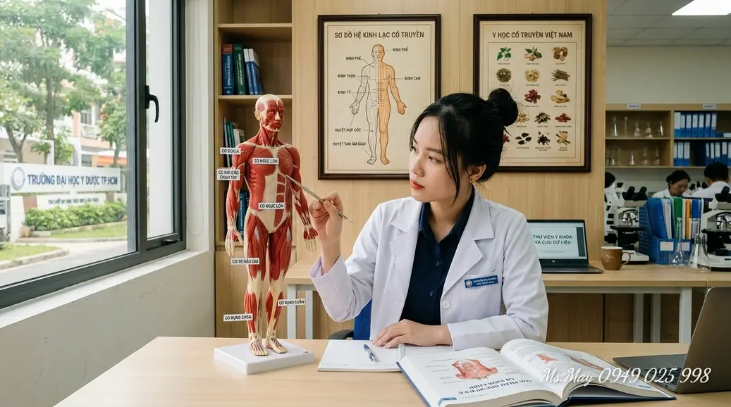 Sinh viên Y học cổ truyền nghiên cứu mô hình giải phẫu cơ thể người trong phòng học hiện đại