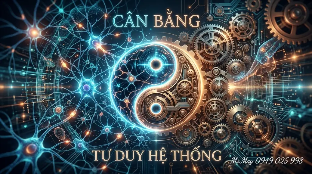 Biểu tượng âm dương kết hợp bánh răng và mạng thần kinh thể hiện cân bằng hệ thống