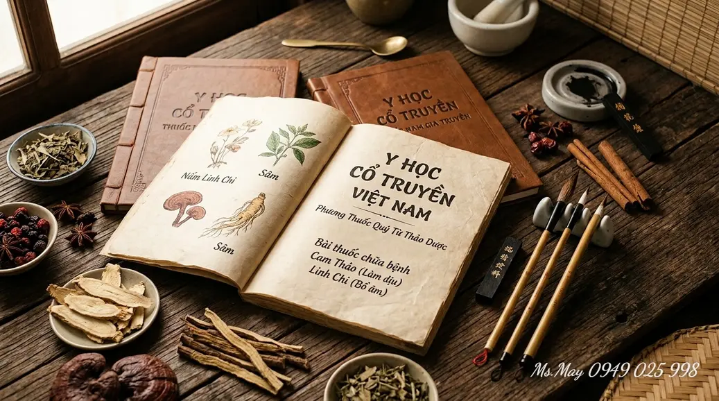 Sách cổ, bút lông và dược liệu cổ truyền biểu tượng tri thức Y học cổ truyền