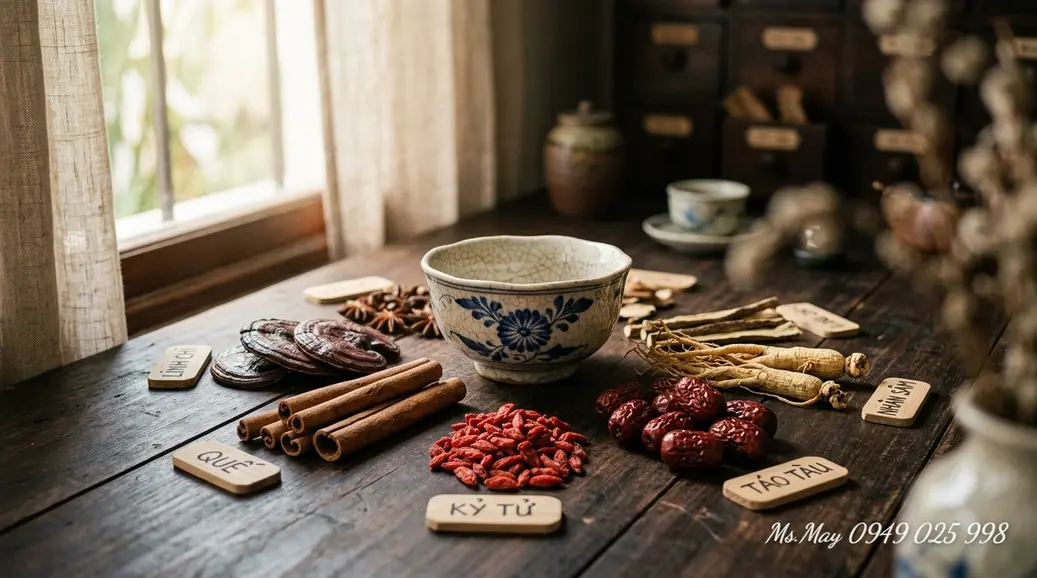 Minh họa ví dụ Lục vị địa hoàng hoàn với nguyên tắc tam bổ tam tả