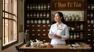 Một người đang pha trà thảo dược trong không gian gần gũi thiên nhiên.