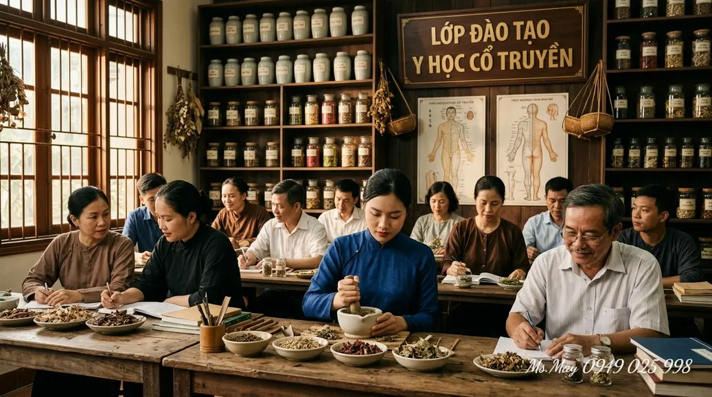 Một lương y YHCT đang tư vấn cho bệnh nhân trong phòng khám chuyên nghiệp.