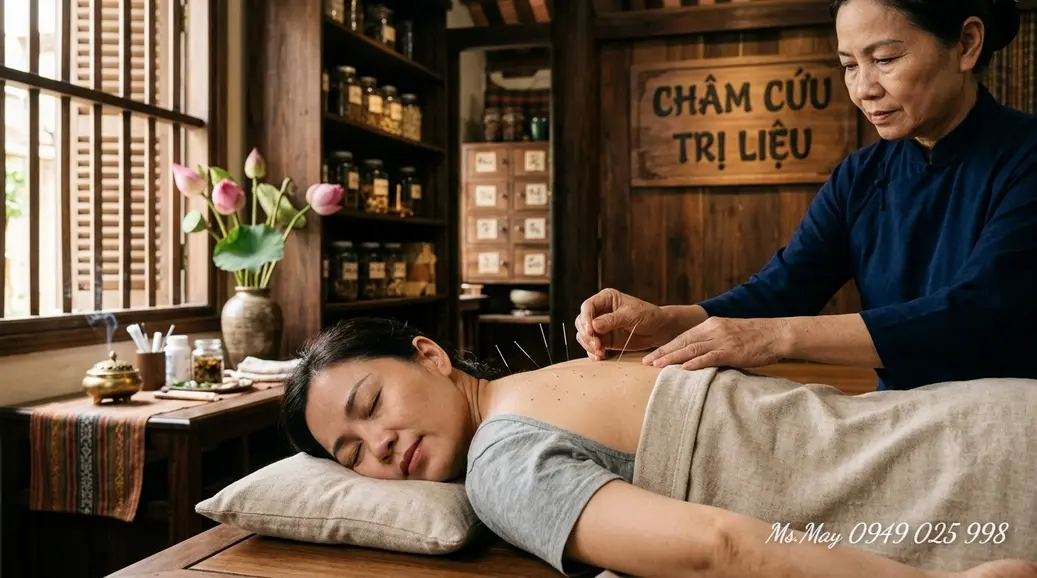Một người đang day huyệt thái dương để giảm đau đầu căng thẳng.