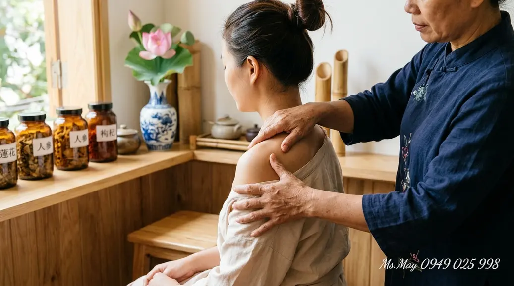 Cận cảnh những cây kim châm cứu nhỏ được cắm vào huyệt đạo trên da.