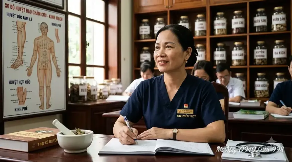 Học viên lớn tuổi đang nghiên cứu các vị thuốc y học cổ truyền