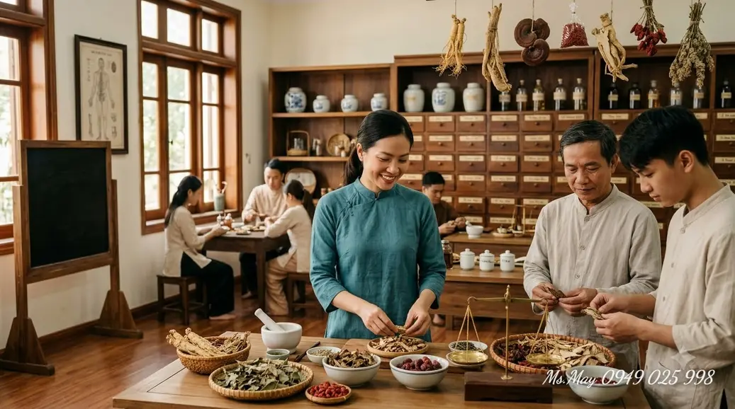 Sách y học cổ truyền và ống nghe y tế trên bàn làm việc